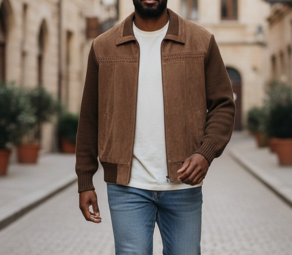 Chartwell Suede Leather Jacket With Knit Sleeves Brown Men's Size Large